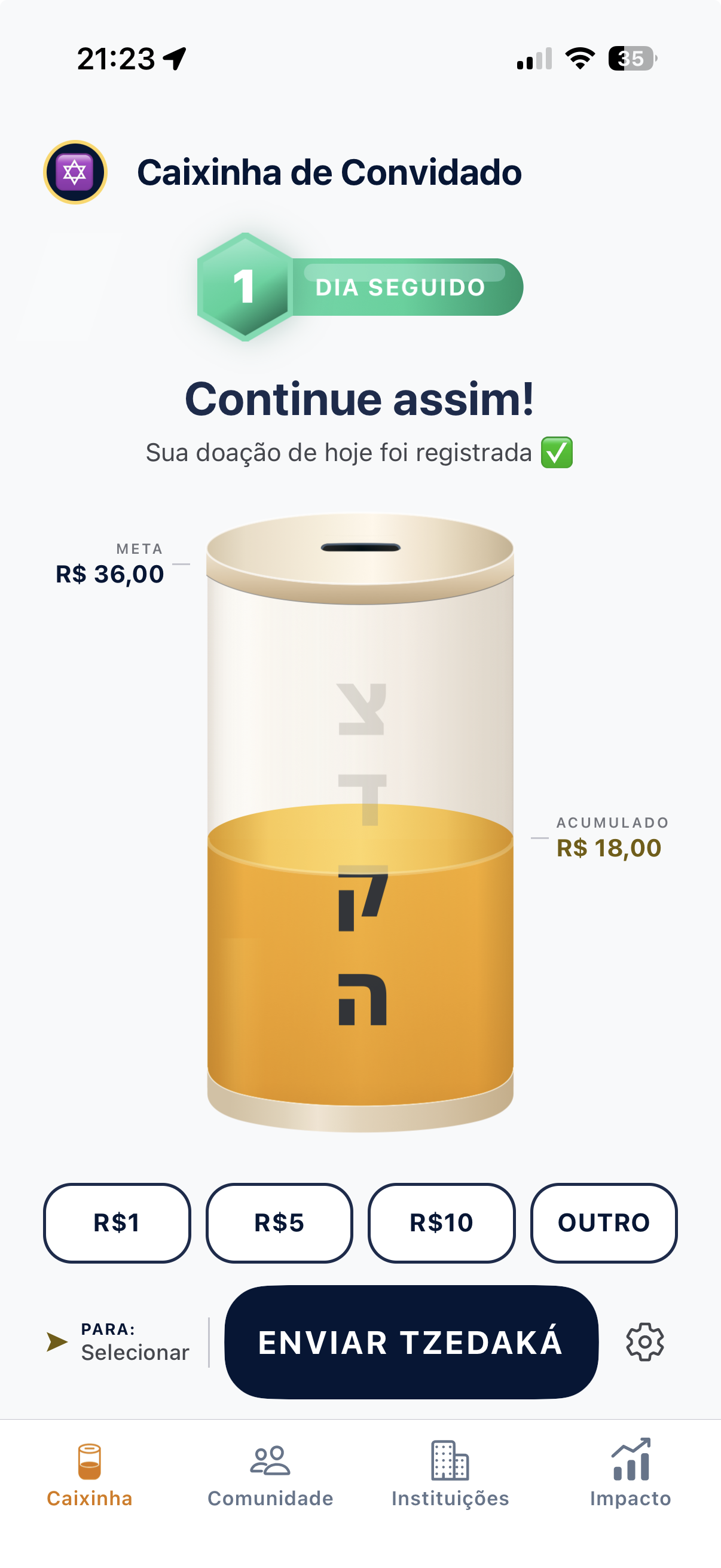 Tela principal da Caixinha de Convidado mostrando sequência, meta e valor acumulado