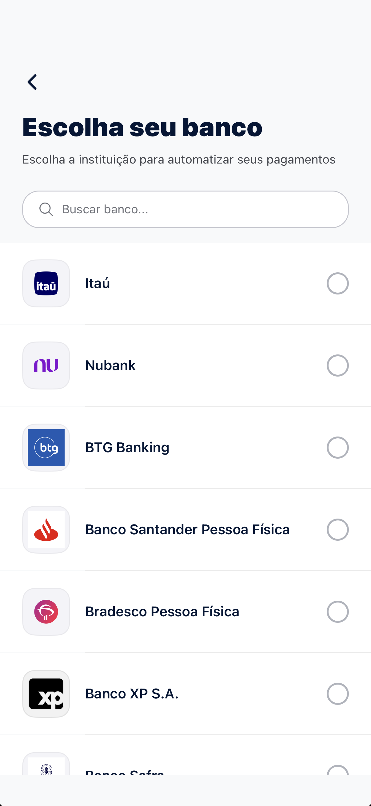 Seleção do banco no fluxo Open Finance