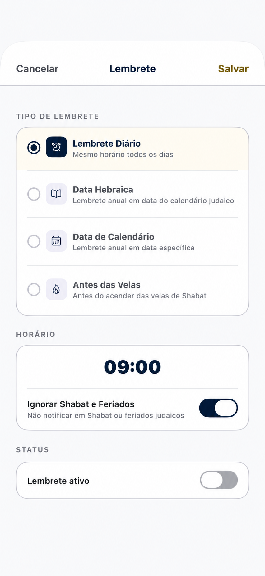 Tela de criação de lembrete do TzedakApp